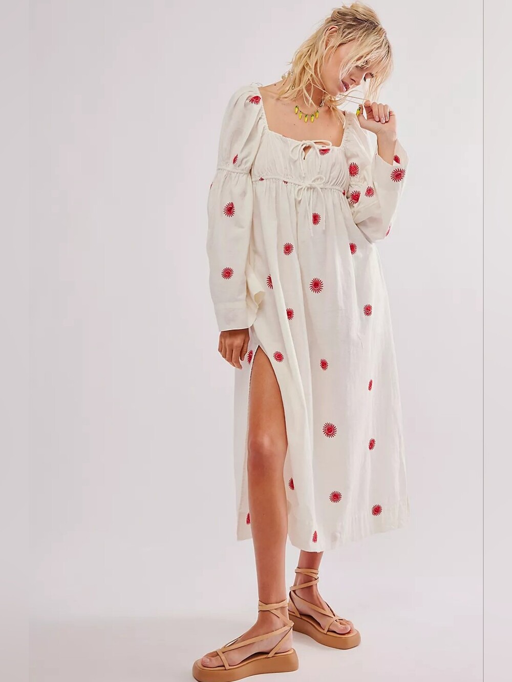 Free People White Emory Embroidered Midi Dress, L, Cotton, Coastal, Euro Summer - Picture 5 of 14
